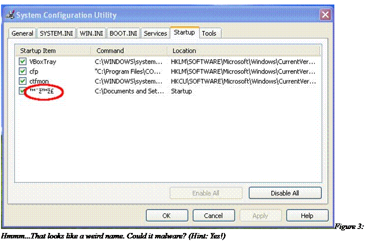 Text Box:  Figure 3: Hmmm...That looks like a weird name. Could it malware? (Hint: Yes!)